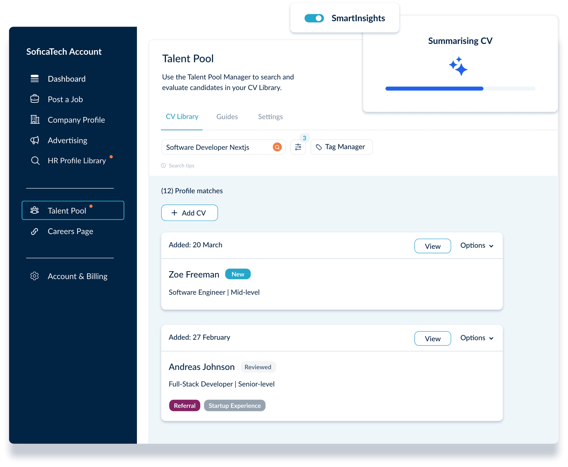 AI recruitment software showing an advanced applicant tracking system to source talent and automate hiring processes.