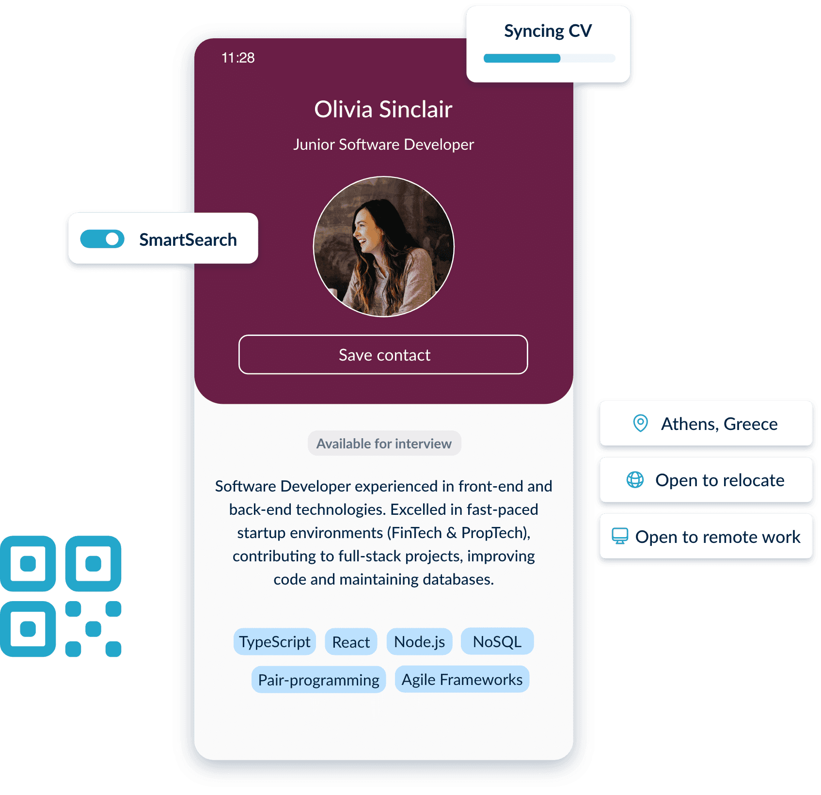 Digital profile card showing AI-powered SmartSearch feature with syncing CV status, highlighting key skills and preferences for remote work and relocation.